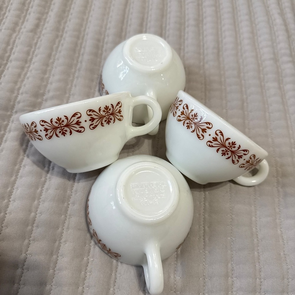 Vintage Pyrex Copper Filigree Milk Glass Coffee Cups, Set of 4